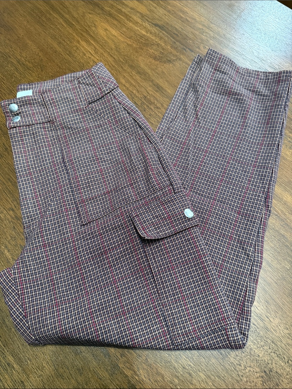 Pull & Bear High Waisted Plaid Houndstooth Cargo Trousers Utility Pockets Brown